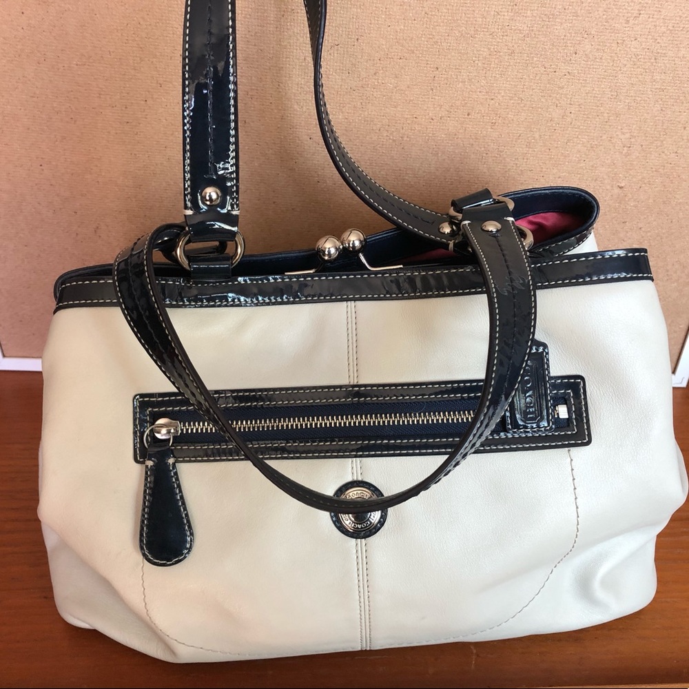 Coach Handbag - ivory leather & navy patent.